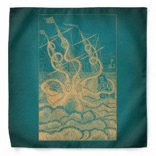 Giant Octopus Attacking Ship Teal Antique Kraken Bandana