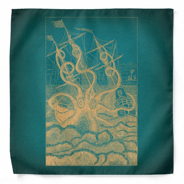 Giant Octopus Attacking Ship Teal Antique Kraken Bandana (Front)