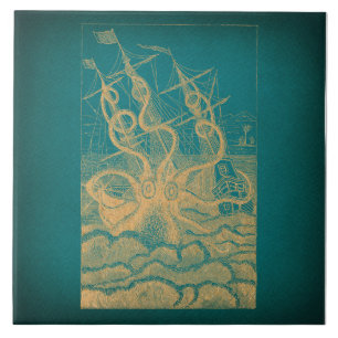 Giant Octopus Attacking Ship Teal Antique Kraken Ceramic Tile
