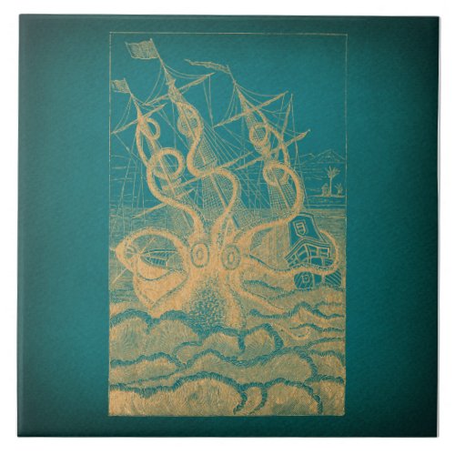 Giant Octopus Attacking Ship Teal Antique Kraken Ceramic Tile