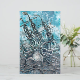 Giant Octopus Blue Sea Monster Sailboat 