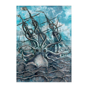 Giant Octopus Blue Sea Monster Sailboat Acrylic Print