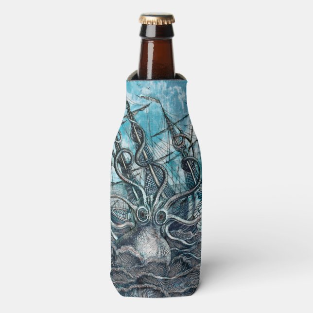 Giant Octopus Blue Sea Monster Sailboat Bottle Cooler (Bottle Front)