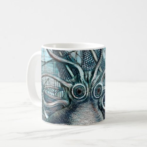 Giant Octopus Blue Sea Monster Sailboat Coffee Mug