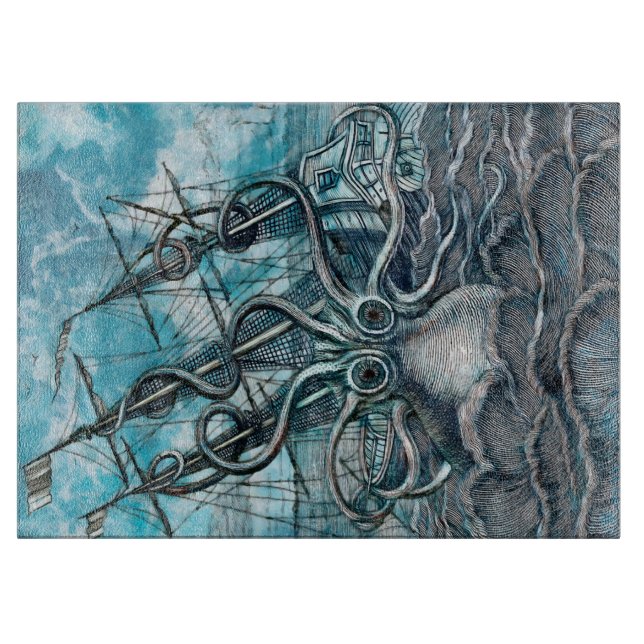 Giant Octopus Blue Sea Monster Sailboat Cutting Board (Front)
