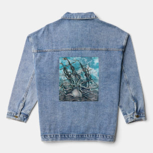 Giant Octopus Blue Sea Monster Sailboat Denim Jacket