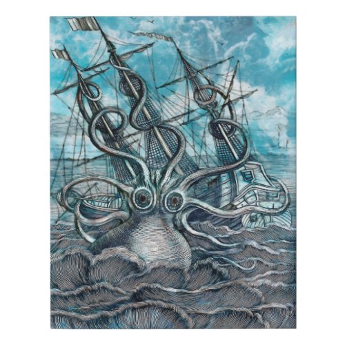 Giant Octopus Blue Sea Monster Sailboat Faux Canvas Print