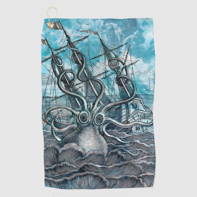 Giant Octopus Blue Sea Monster Sailboat Golf Towel (Front)