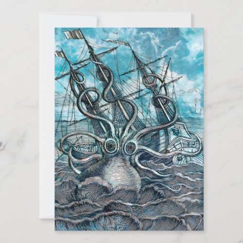 Giant Octopus Blue Sea Monster Sailboat Invitation