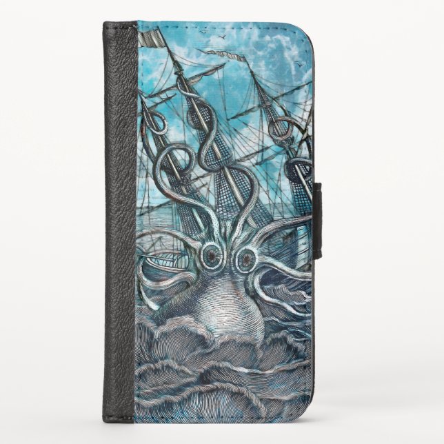 Giant Octopus Blue Sea Monster Sailboat iPhone Wallet Case (Front)