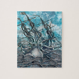 Giant Octopus Blue Sea Monster Sailboat  Jigsaw Puzzle