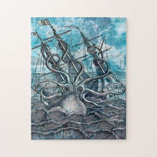 Giant Octopus Blue Sea Monster Sailboat Jigsaw Puzzle