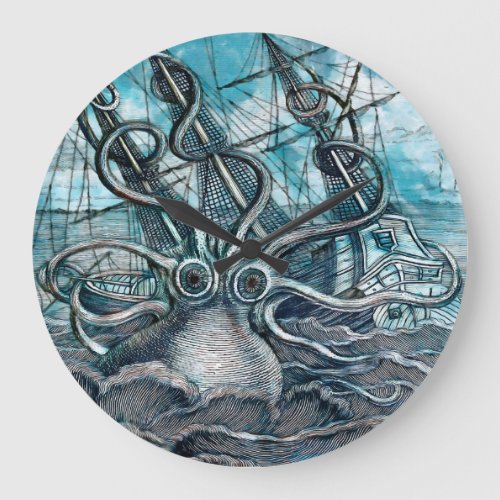 Giant Octopus Blue Sea Monster Sailboat Large Clock