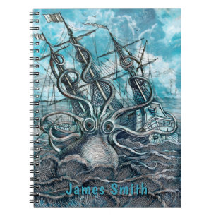 Giant Octopus Blue Sea Monster Sailboat Monogram Notebook
