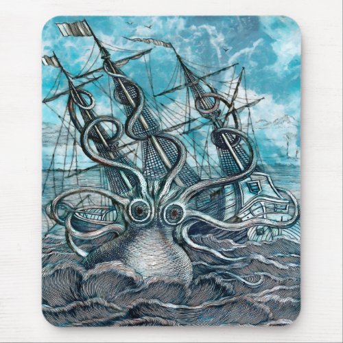 Giant Octopus Blue Sea Monster Sailboat  Mouse Pad
