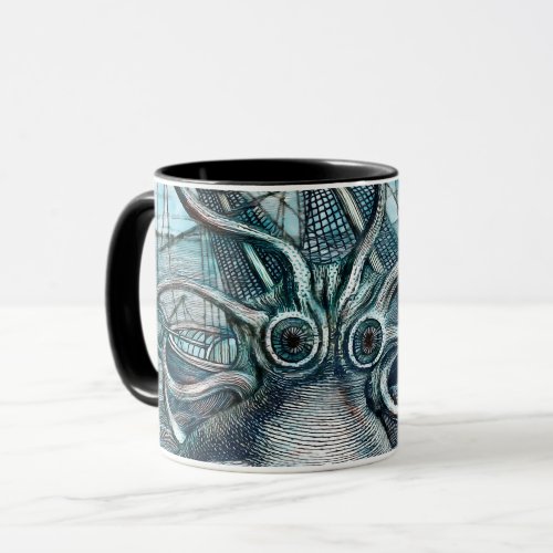 Giant Octopus Blue Sea Monster Sailboat Mug