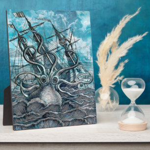 Giant Octopus Blue Sea Monster Sailboat Plaque
