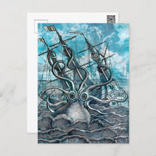 Giant Octopus Blue Sea Monster Sailboat Postcard