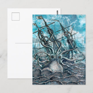 Giant Octopus Blue Sea Monster Sailboat Postcard