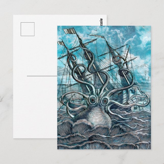 Giant Octopus Blue Sea Monster Sailboat Postcard (Front/Back)