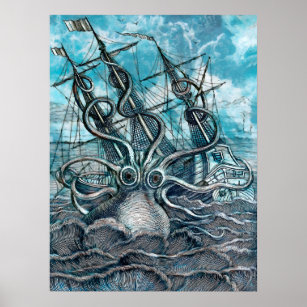 Giant Octopus Blue Sea Monster Sailboat Poster