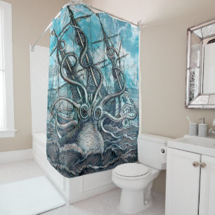 Giant Octopus Blue Sea Monster Sailboat Shower Curtain