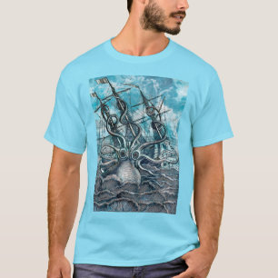 Giant Octopus Blue Sea Monster Sailboat T-Shirt