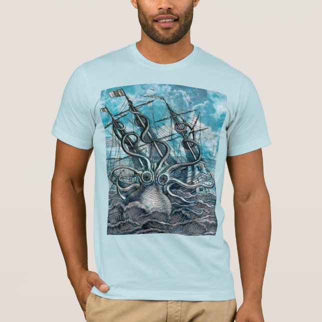 Giant Octopus Blue Sea Monster Sailboat T-Shirt (Front)