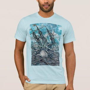 Giant Octopus Blue Sea Monster Sailboat T-Shirt