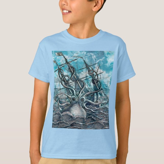 Giant Octopus Blue Sea Monster Sailboat T-Shirt (Front)