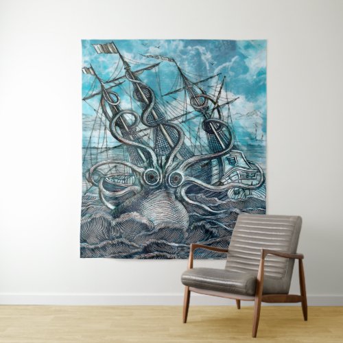 Giant Octopus Blue Sea Monster Sailboat Tapestry