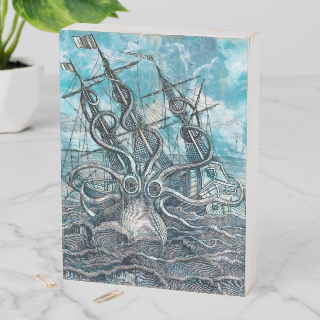 Giant Octopus Blue Sea Monster Sailboat Wooden Box Sign (In Situ Vertical)