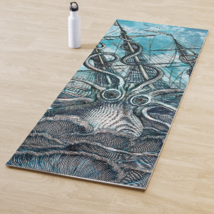 Giant Octopus Blue Sea Monster Sailboat Yoga Mat