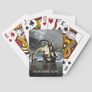Giant octopus bringing down a pirate ship poker cards