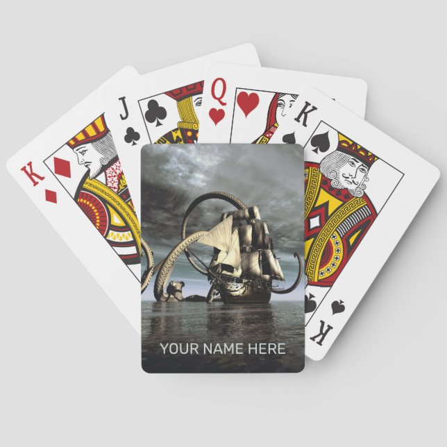 Giant octopus bringing down a pirate ship poker cards (Back)