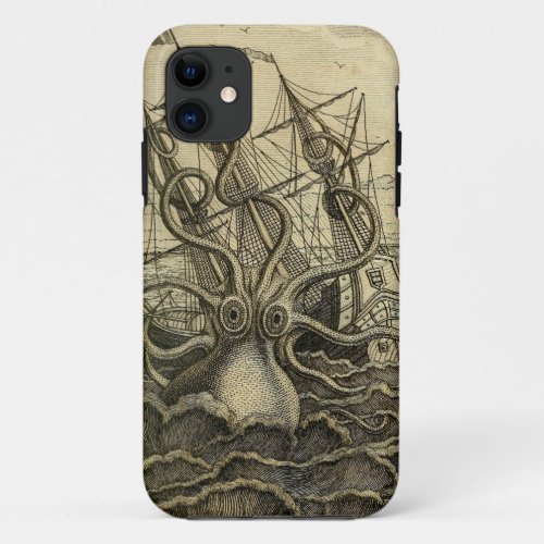 Giant Octopus Vintage 1801 Etching iPhone 11 Case