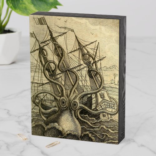 Giant Octopus Vintage 1801 Etching Wooden Box Sign