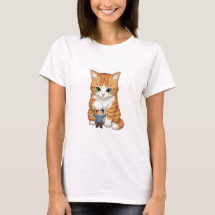 Giant Orange Tabby Cat Gently Patting Tiny Happy T-Shirt