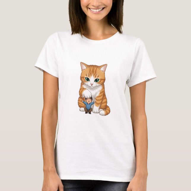 Giant Orange Tabby Cat Gently Patting Tiny Happy T-Shirt (Front)