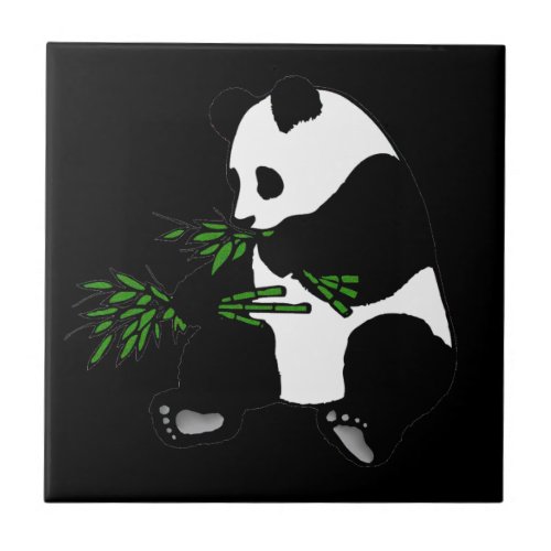 Giant Panda Eats Bamboo Black Ceramic Tile