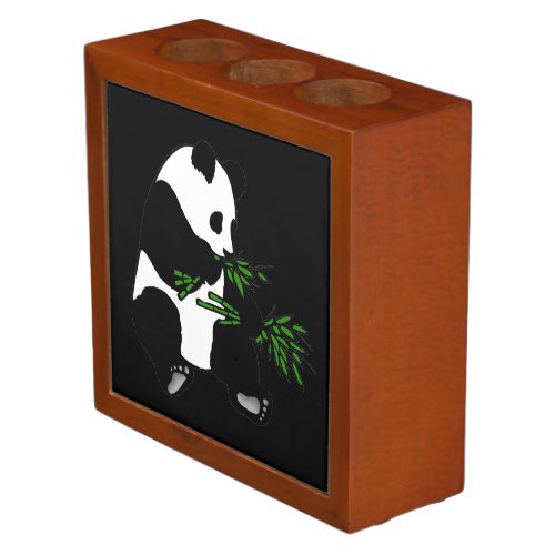 Giant Panda Eats Bamboo Black Desk Organizer