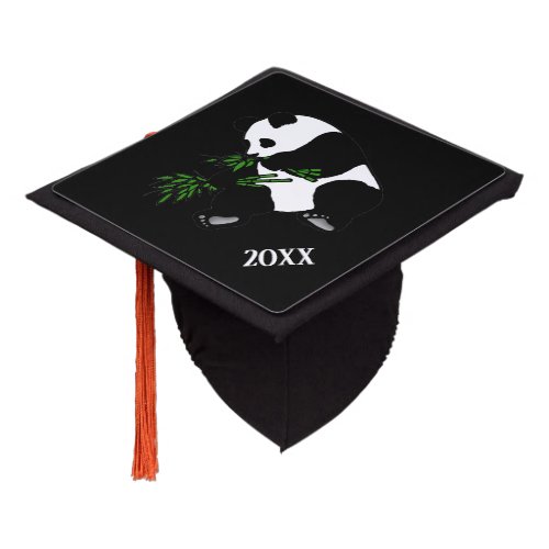 Giant Panda Eats Bamboo Black Graduation Cap Topper