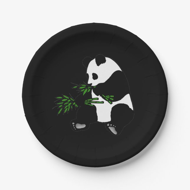 Giant Panda Eats Bamboo Black Paper Plates (Front)