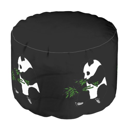 Giant Panda Eats Bamboo Black Pouf