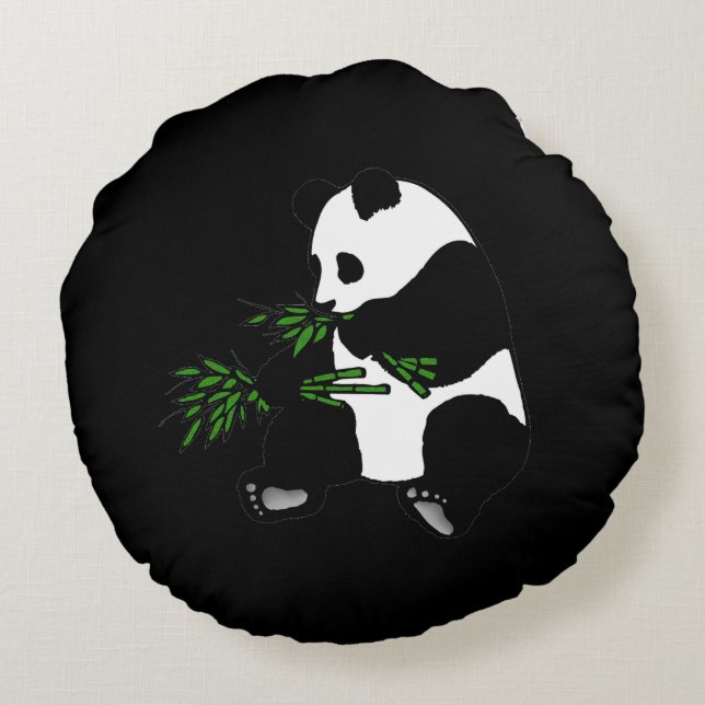 Giant Panda Eats Bamboo Black Round Pillow (Back)