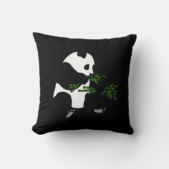 Giant Panda Eats Bamboo Black Throw Pillow (Front)
