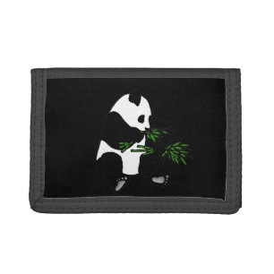 Giant Panda Eats Bamboo Black Tri-fold Wallet