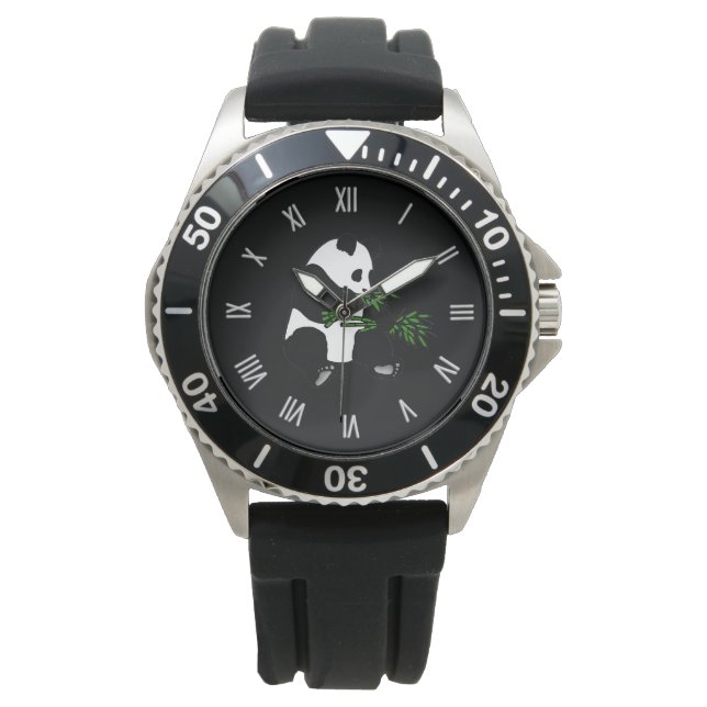 Giant Panda Eats Bamboo Black Watch (Front)