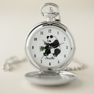 Giant Panda Eats Bamboo Name Black Numbers Pocket Watch