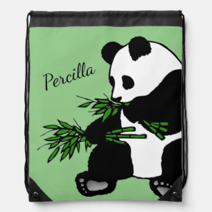 Giant Panda Eats Bamboo Name Green Drawstring Bag